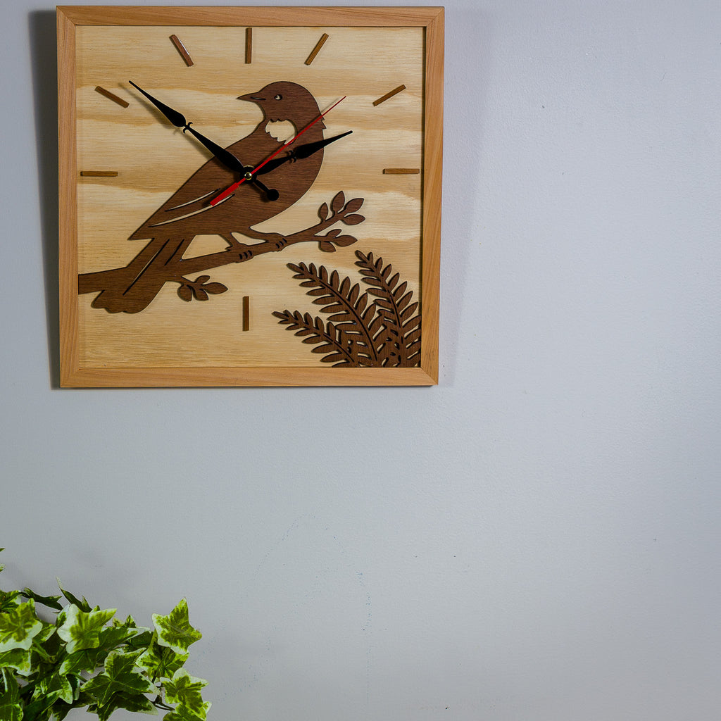 NZ Tui Wall Clock (315×315mm) | Silent Sweep | Handmade NZ Timber | furnACE