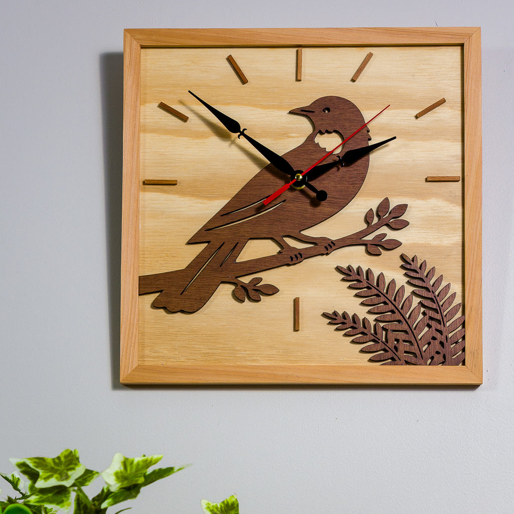 NZ Tui Wall Clock (315×315mm) | Silent Sweep | Handmade NZ Timber | furnACE