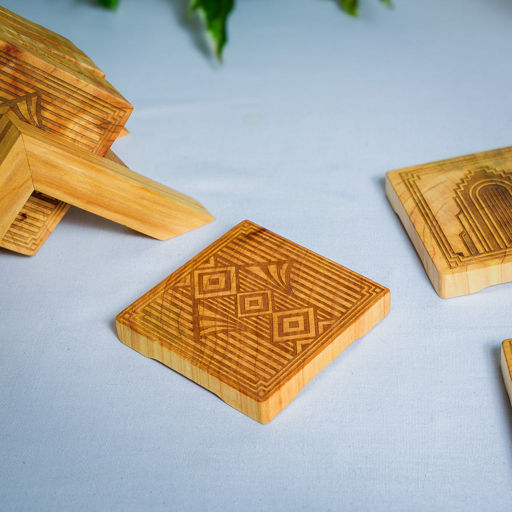 Art Deco Coaster Set, Handmade NZ Macrocarpa Timber (Set of 6)