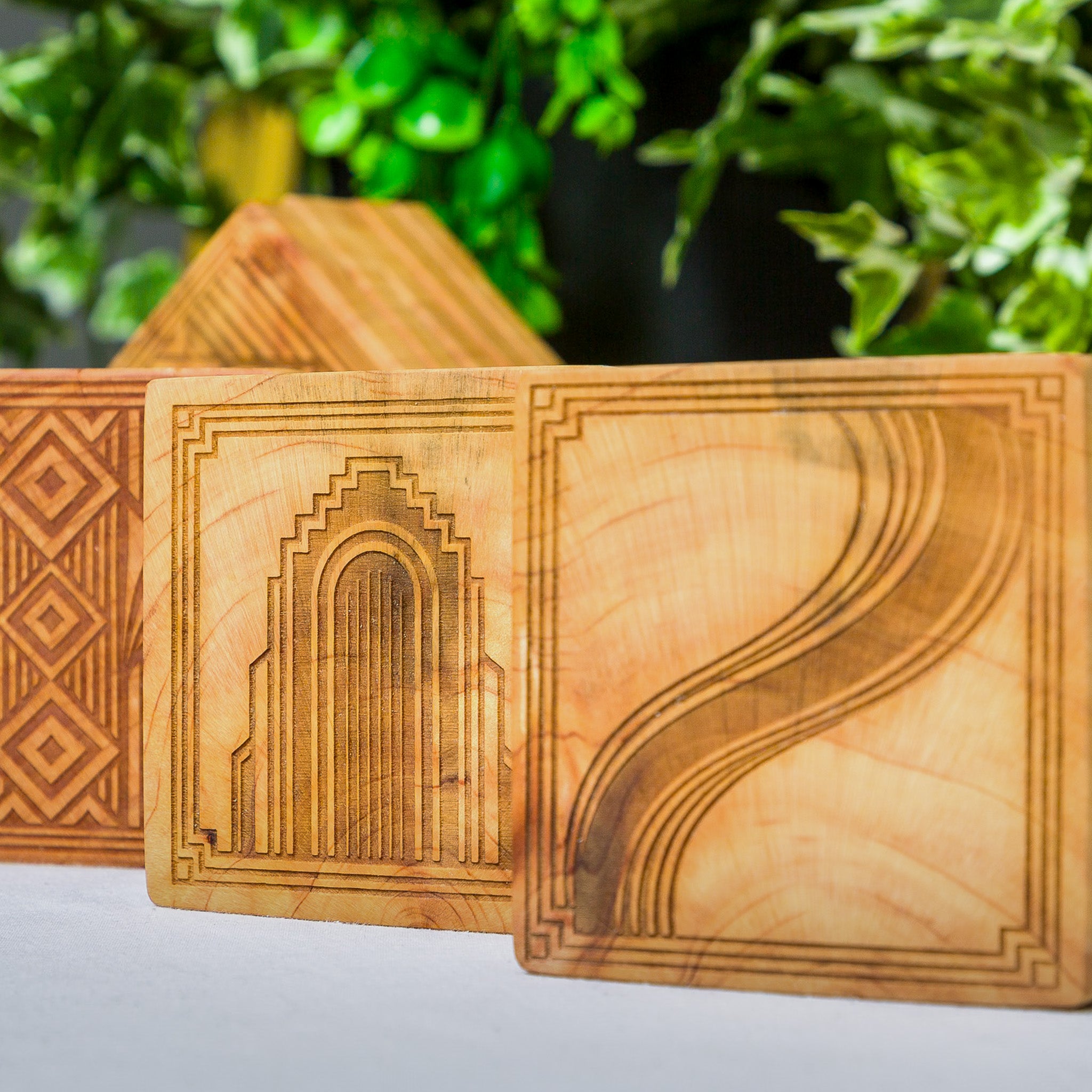 Art Deco Coaster Set, Handmade NZ Macrocarpa Timber (Set of 6)