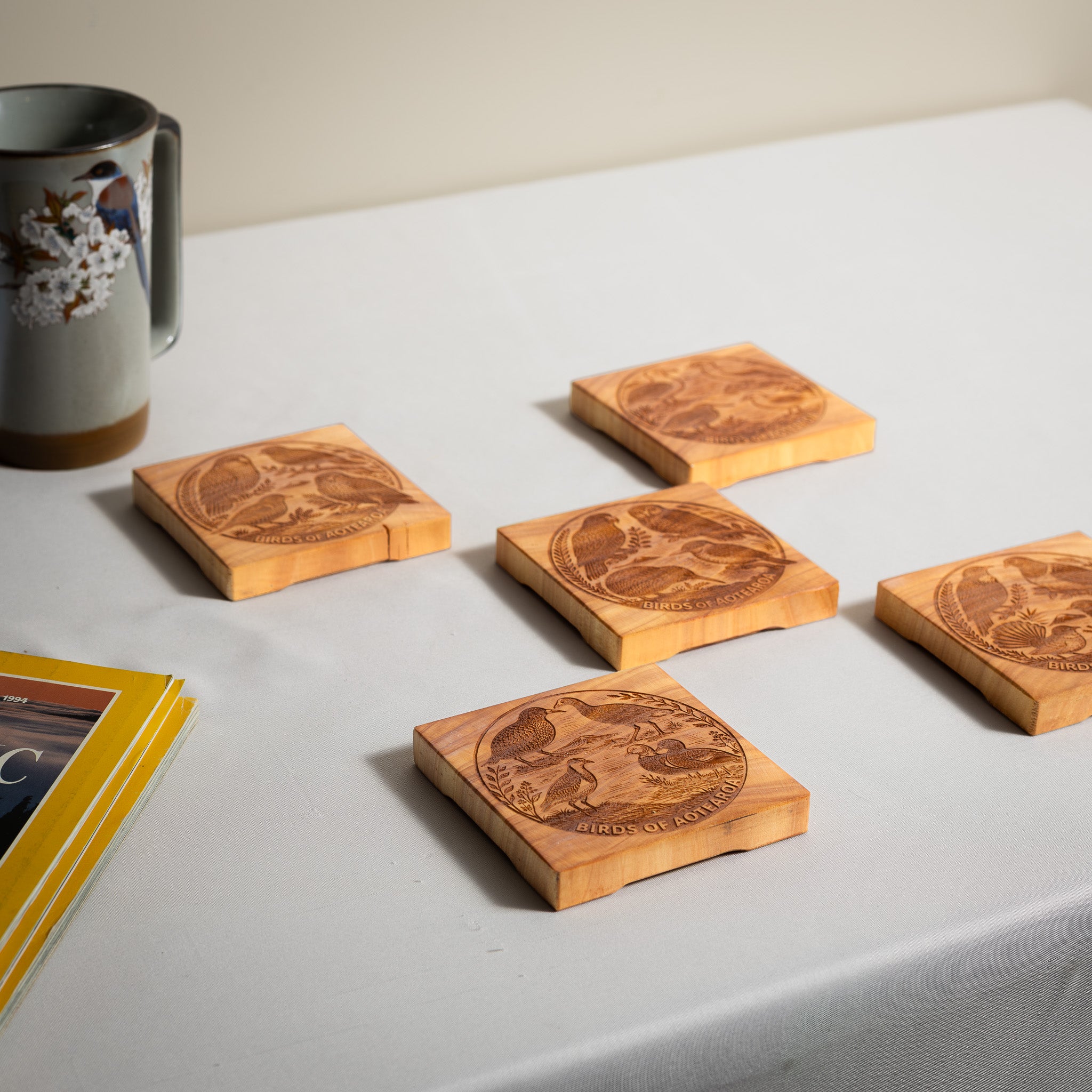 Birds of Aotearoa Coaster Set, Handmade NZ Macrocarpa Timber (Set of 5)