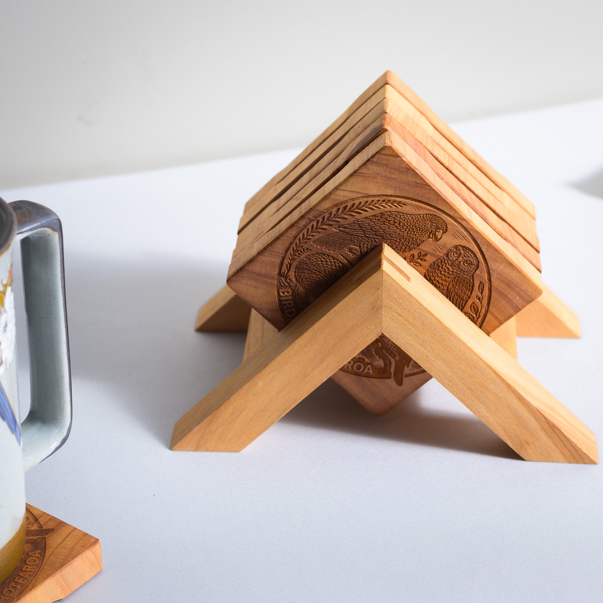 Birds of Aotearoa Coaster Set, Handmade NZ Macrocarpa Timber (Set of 5)