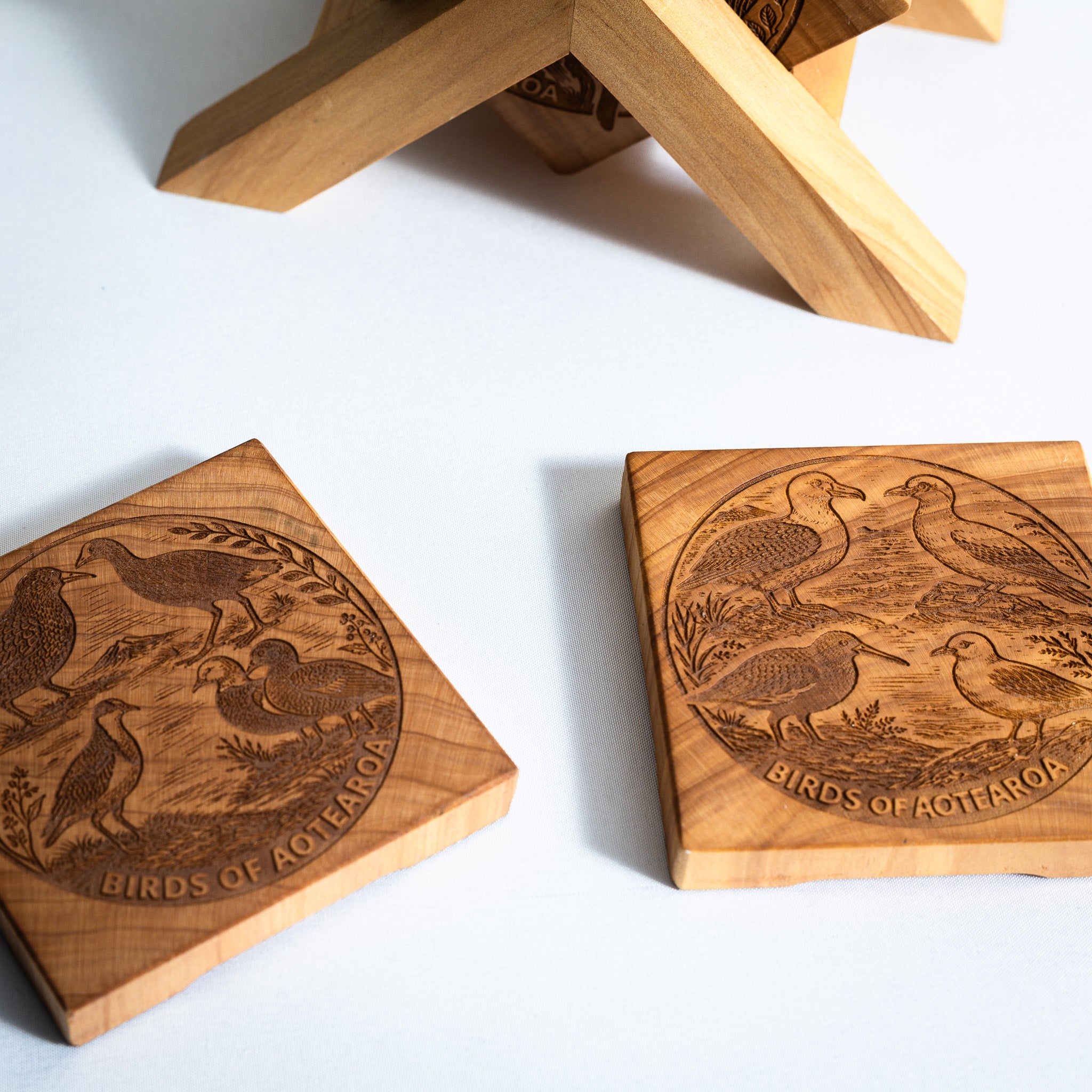 Birds of Aotearoa Coaster Set, Handmade NZ Macrocarpa Timber (Set of 5)
