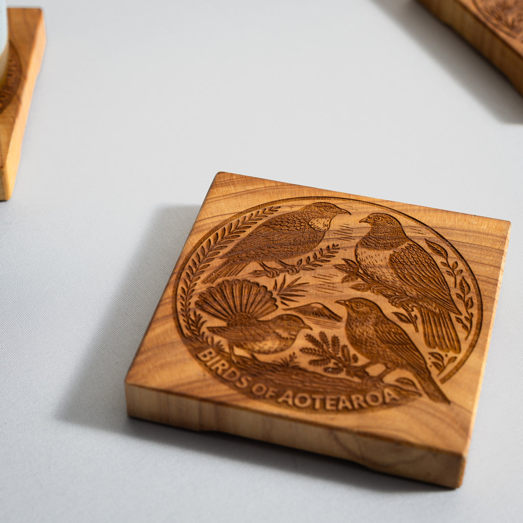Birds of Aotearoa Coaster Set, Handmade NZ Macrocarpa Timber (Set of 5)