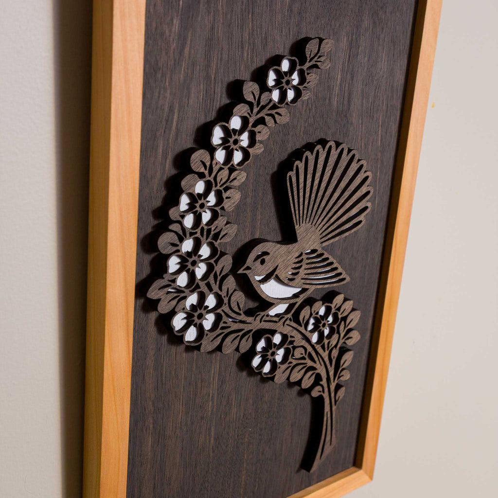 Fantail / Piwakawaka NZ Bird Wall Art, Handmade Timber A4
