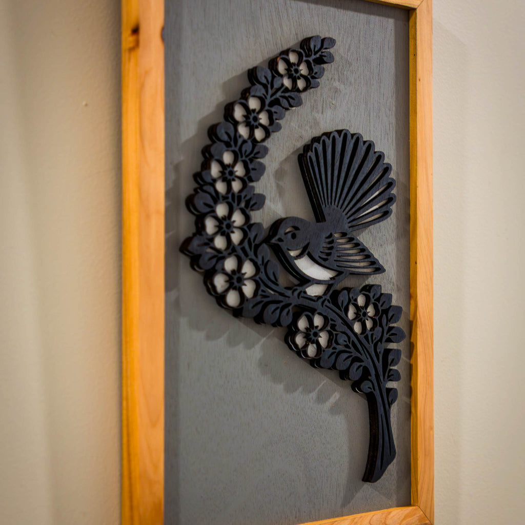 Fantail / Piwakawaka NZ Bird Wall Art, Handmade Timber A4