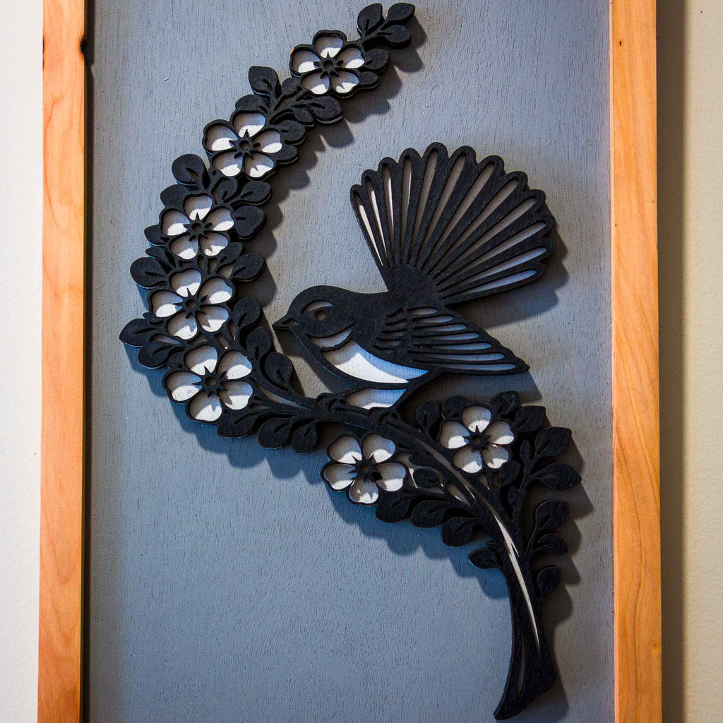 Fantail / Piwakawaka NZ Bird Wall Art, Handmade Timber A4