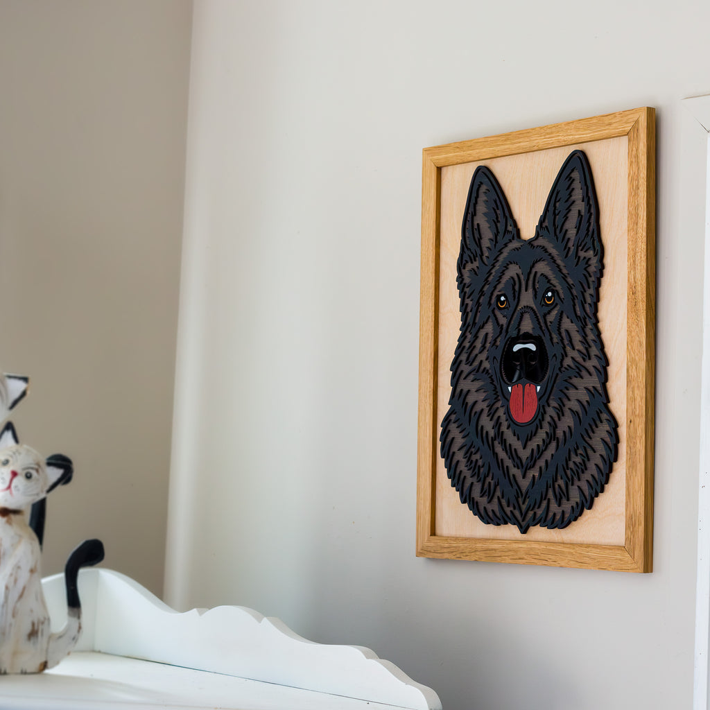 Black German Shepherd 3D Layered Silhouette Wall Art – A3 Framed | NZ Made