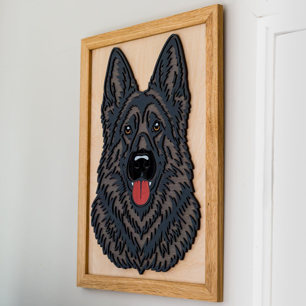 Black German Shepherd 3D Layered Silhouette Wall Art – A3 Framed | NZ Made