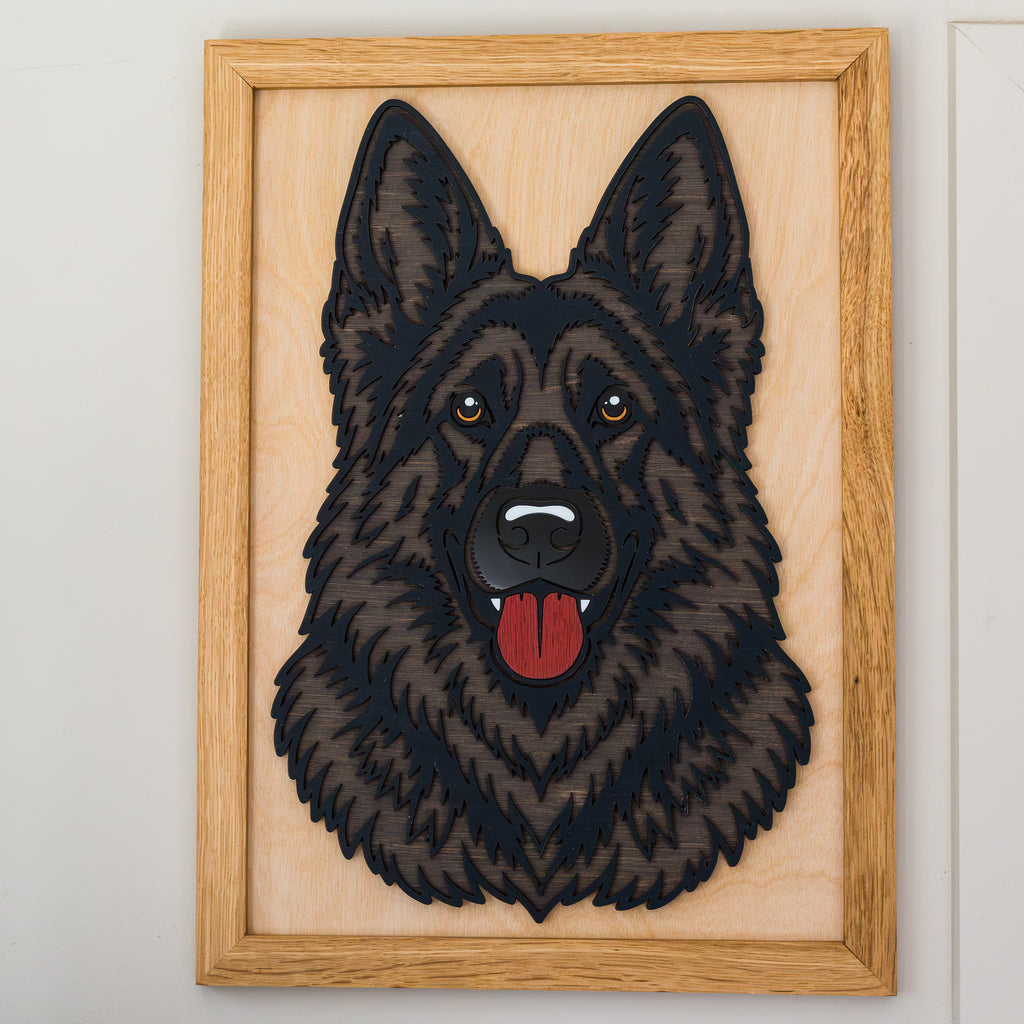 Black German Shepherd 3D Layered Silhouette Wall Art – A3 Framed | NZ Made