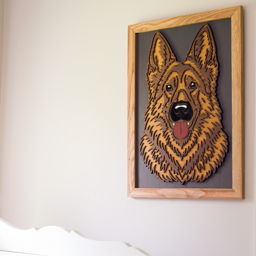 3D German Shepherd Layered Timber Wall Art – A3 Framed | NZ Made