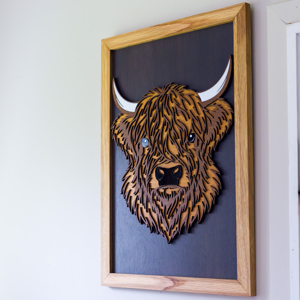 3D Highland Cow Layered Timber Wall Art – A3 Framed | NZ Made