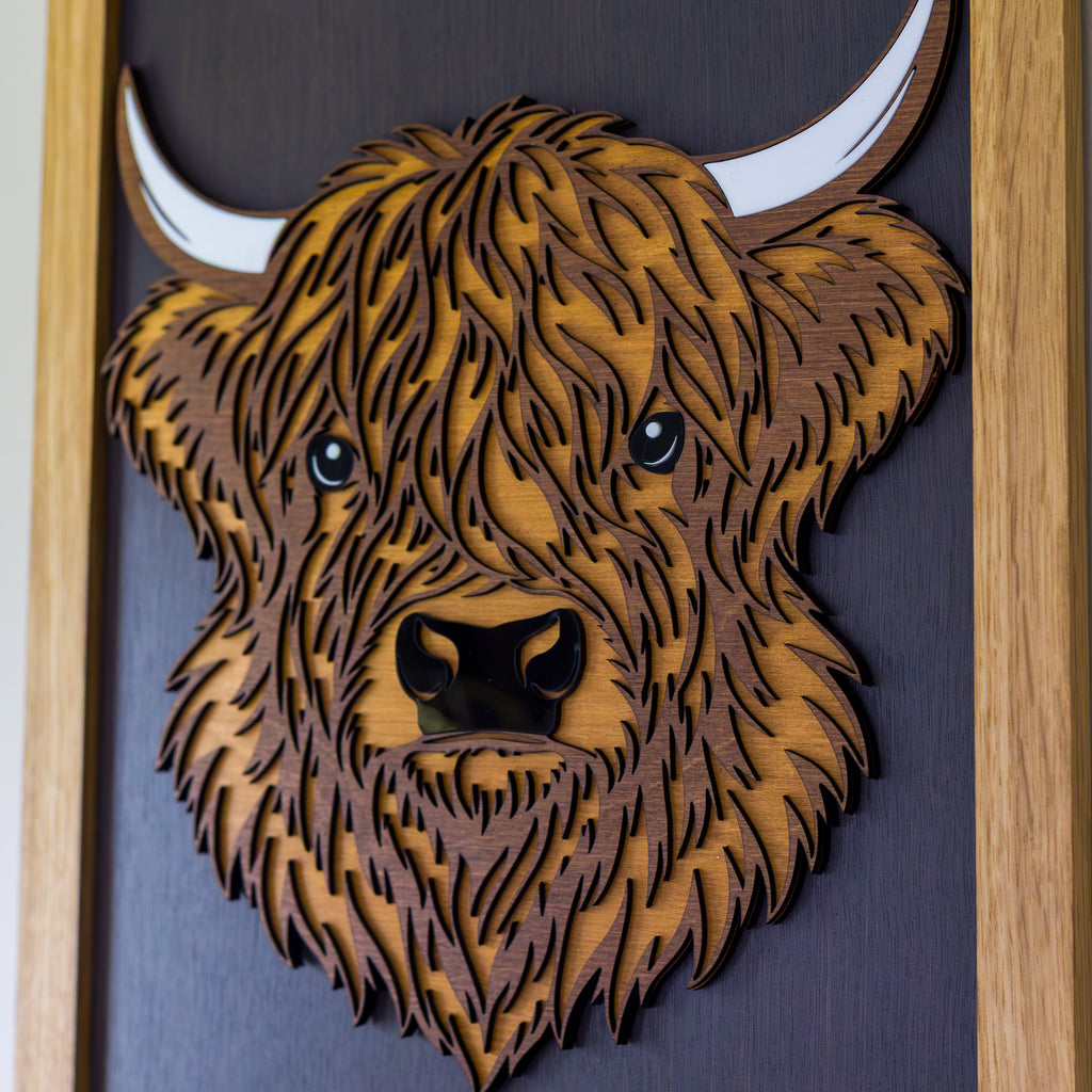 3D Highland Cow Layered Timber Wall Art – A3 Framed | NZ Made