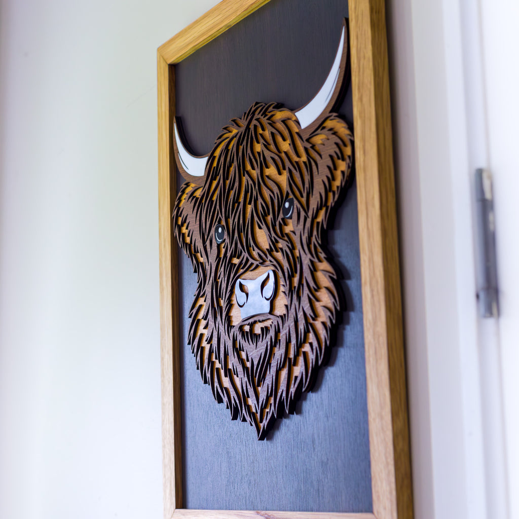 3D Highland Cow Layered Timber Wall Art – A3 Framed | NZ Made