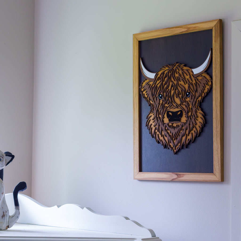 3D Highland Cow Layered Timber Wall Art – A3 Framed | NZ Made