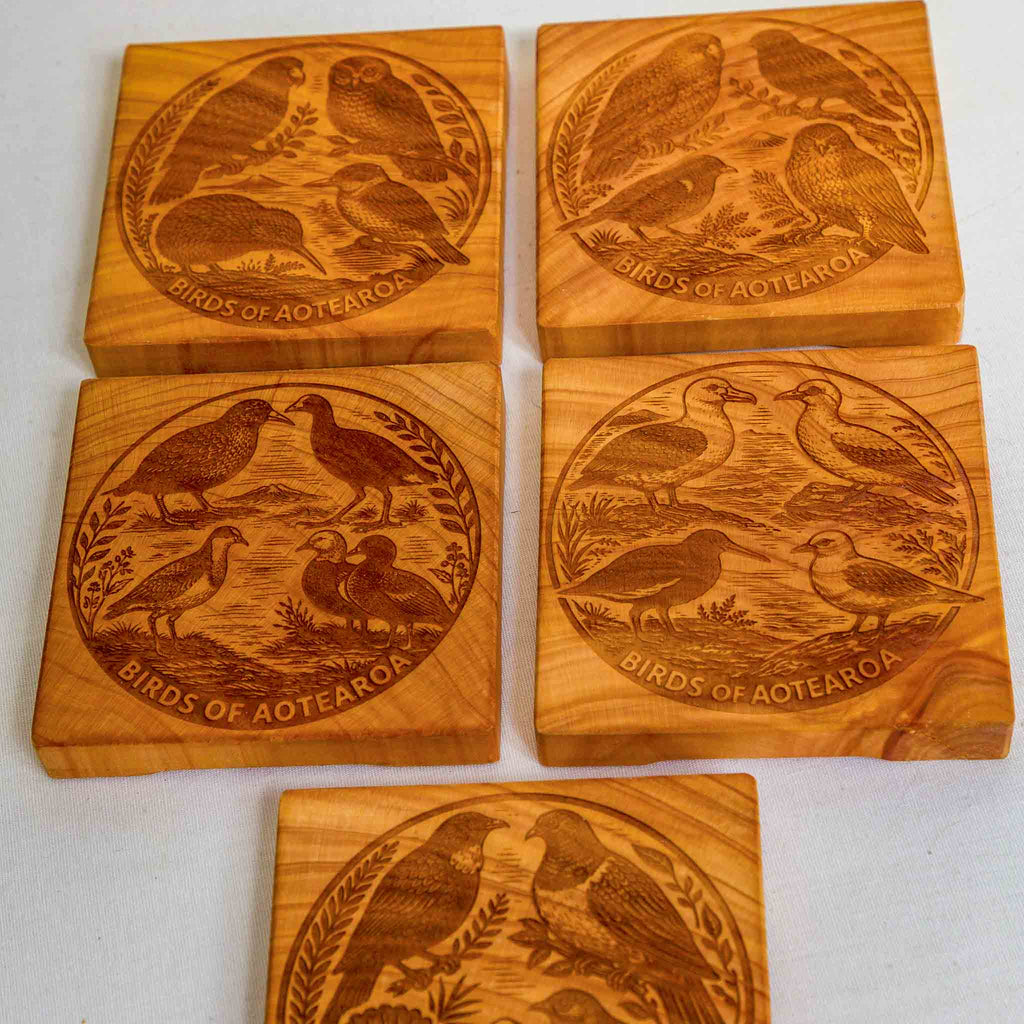 Birds of Aotearoa Coaster Set, Handmade NZ Macrocarpa Timber (Set of 5)