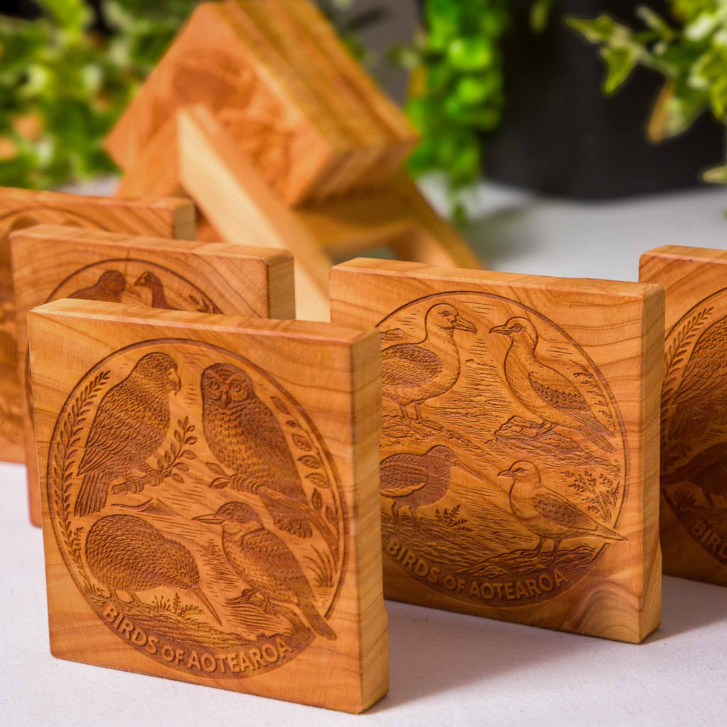 Birds of Aotearoa Coaster Set, Handmade NZ Macrocarpa Timber (Set of 5)