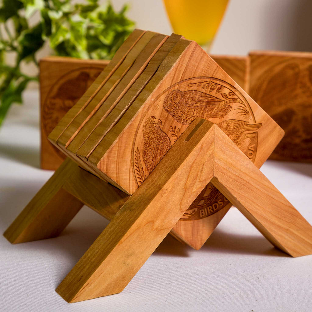 Birds of Aotearoa Coaster Set, Handmade NZ Macrocarpa Timber (Set of 5)