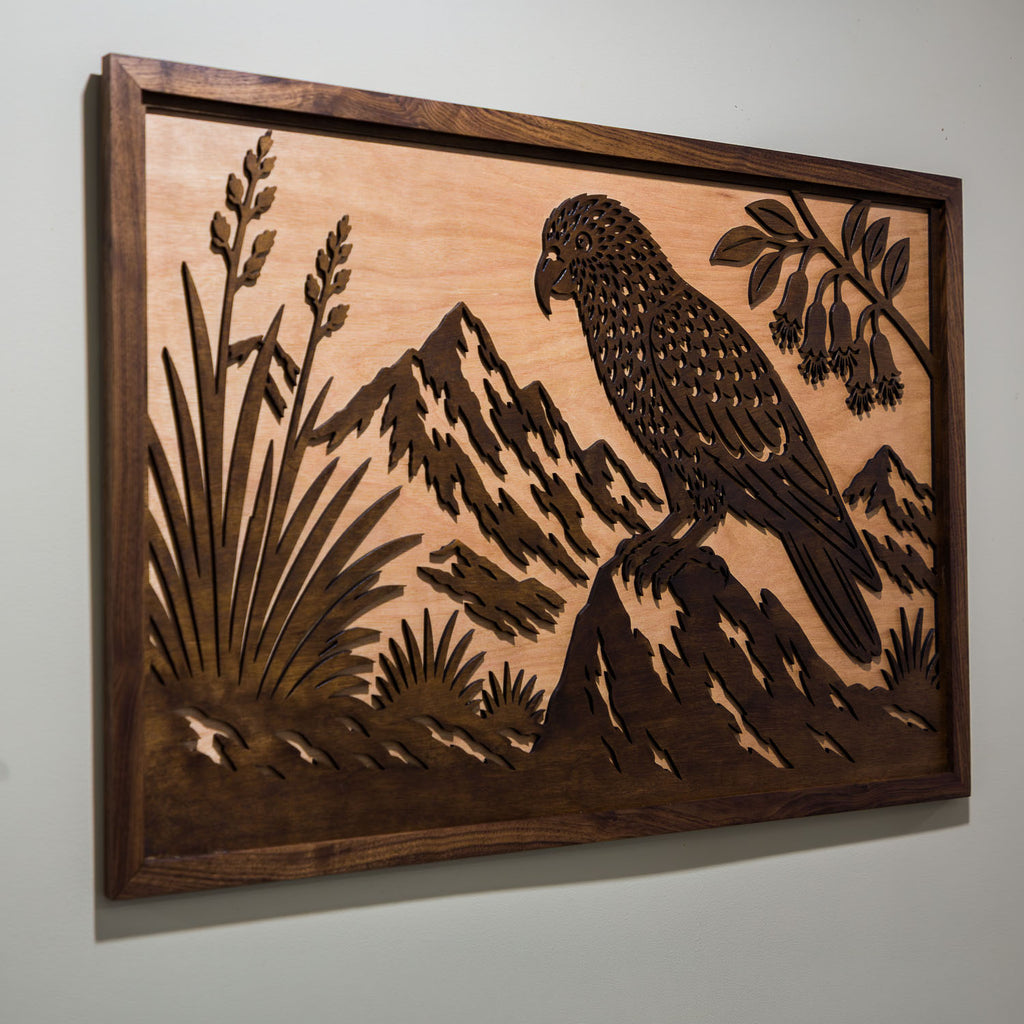 Kea Alpine Landscape – Large Wall Art (750×490mm) | Handmade NZ Timber | furnACE