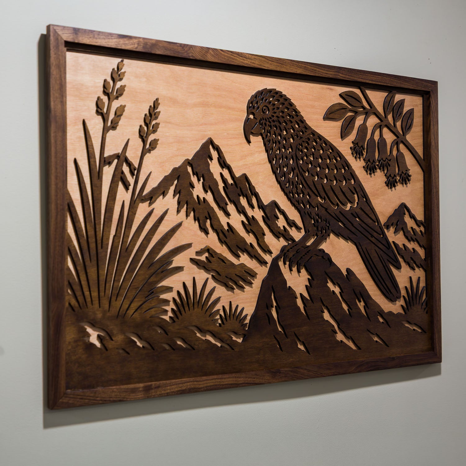 Kea Alpine Landscape – Large Wall Art (750×490mm) | Handmade NZ Timber | furnACE