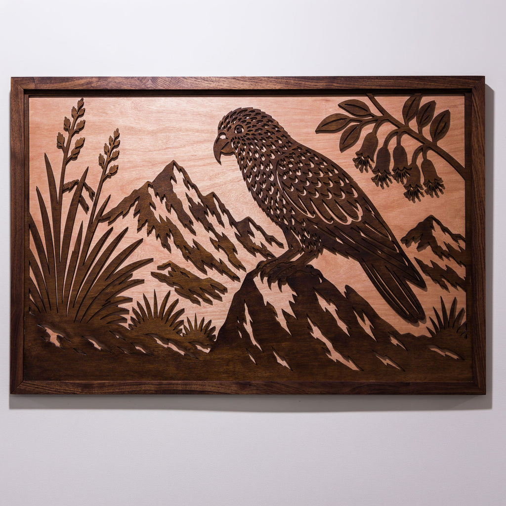 Kea Alpine Landscape – Large Wall Art (750×490mm) | Handmade NZ Timber | furnACE