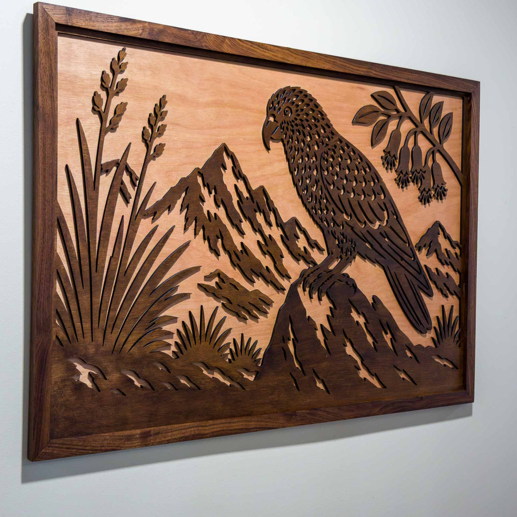 Kea Alpine Landscape – Large Wall Art (750×490mm) | Handmade NZ Timber | furnACE