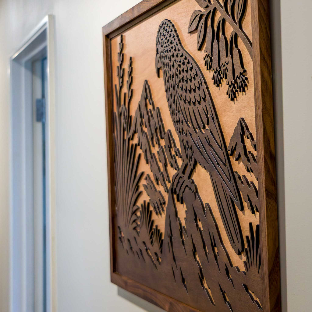 Kea Alpine Landscape – Large Wall Art (750×490mm) | Handmade NZ Timber | furnACE