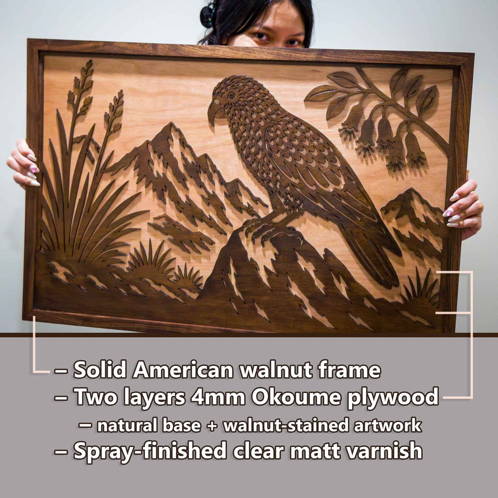 Kea Alpine Landscape – Large Wall Art (750×490mm) | Handmade NZ Timber | furnACE