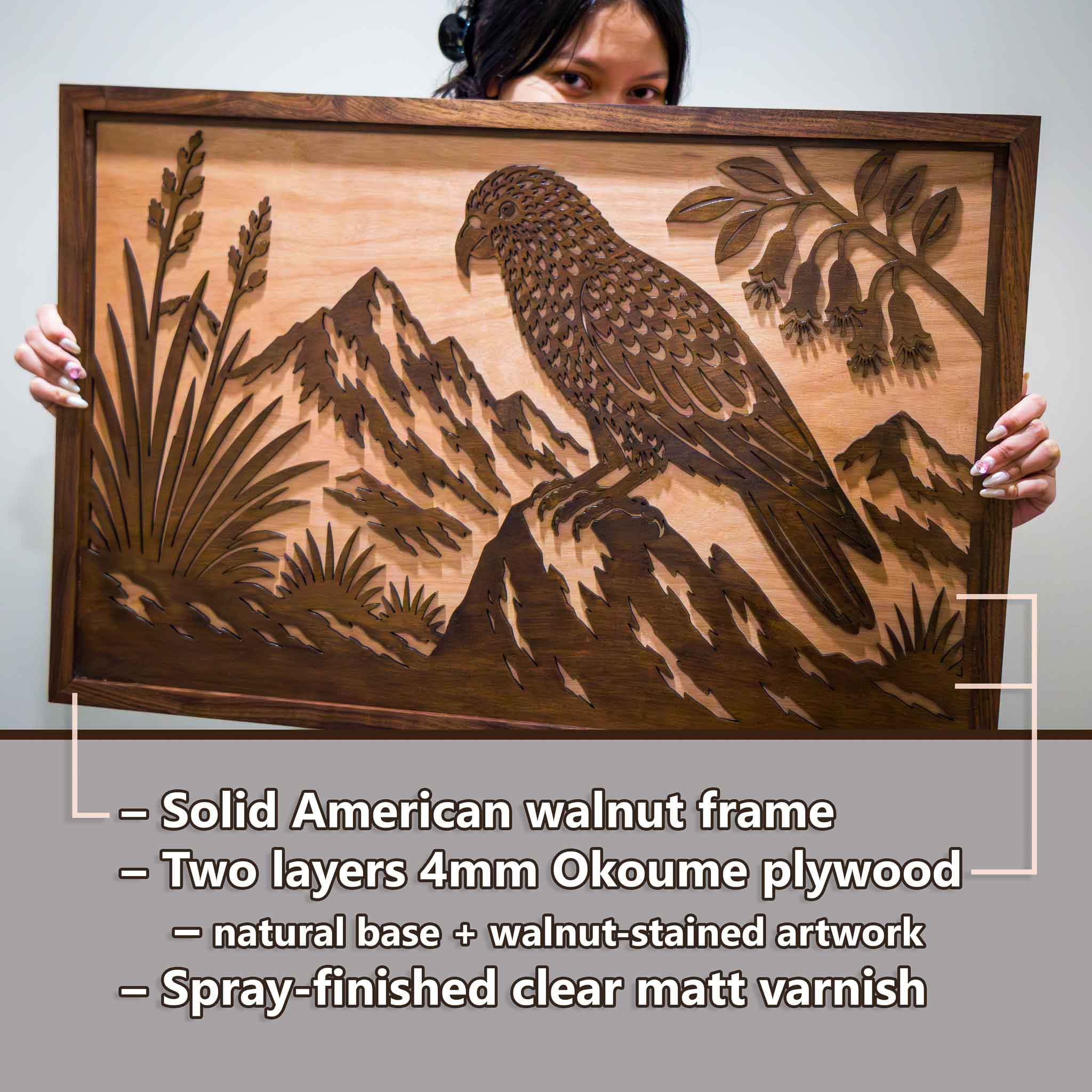 Kea Alpine Landscape – Large Wall Art (750×490mm) | Handmade NZ Timber | furnACE