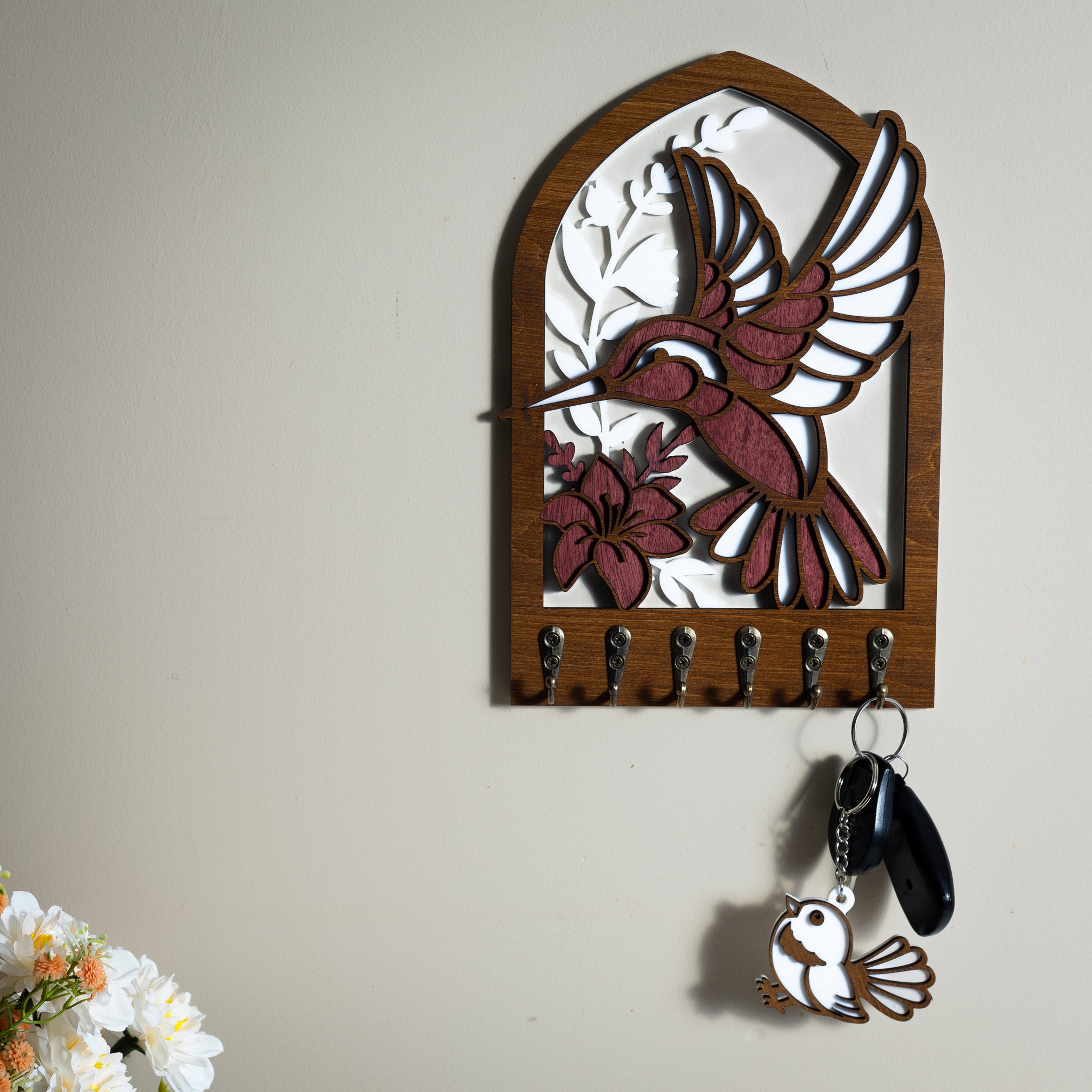 Hummingbird Key Holder (Wall Art, 6 hooks)