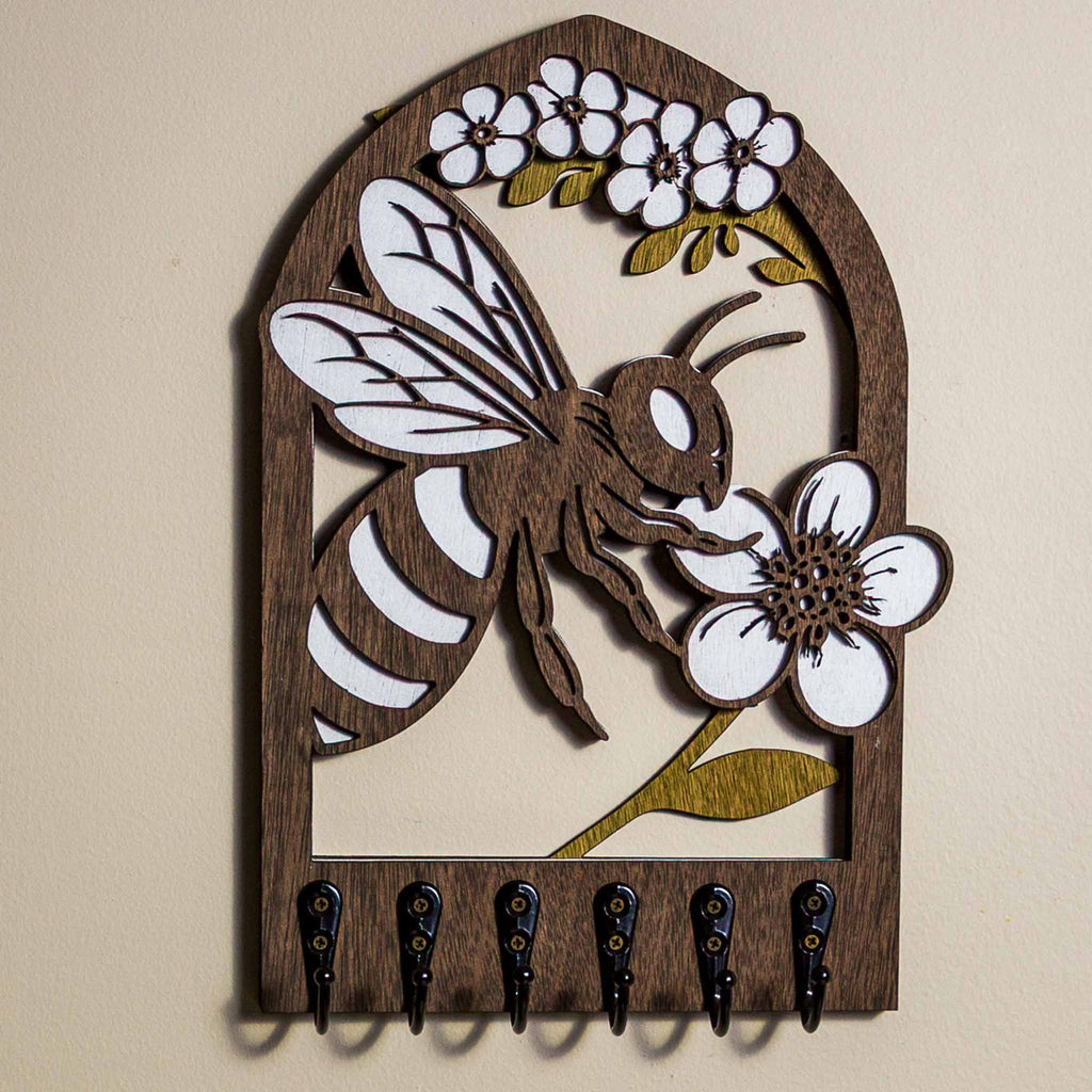 Bee & Manuka Blossom Key Holder (Wall Art, 6 hooks) | Handmade NZ Timber | furnACE