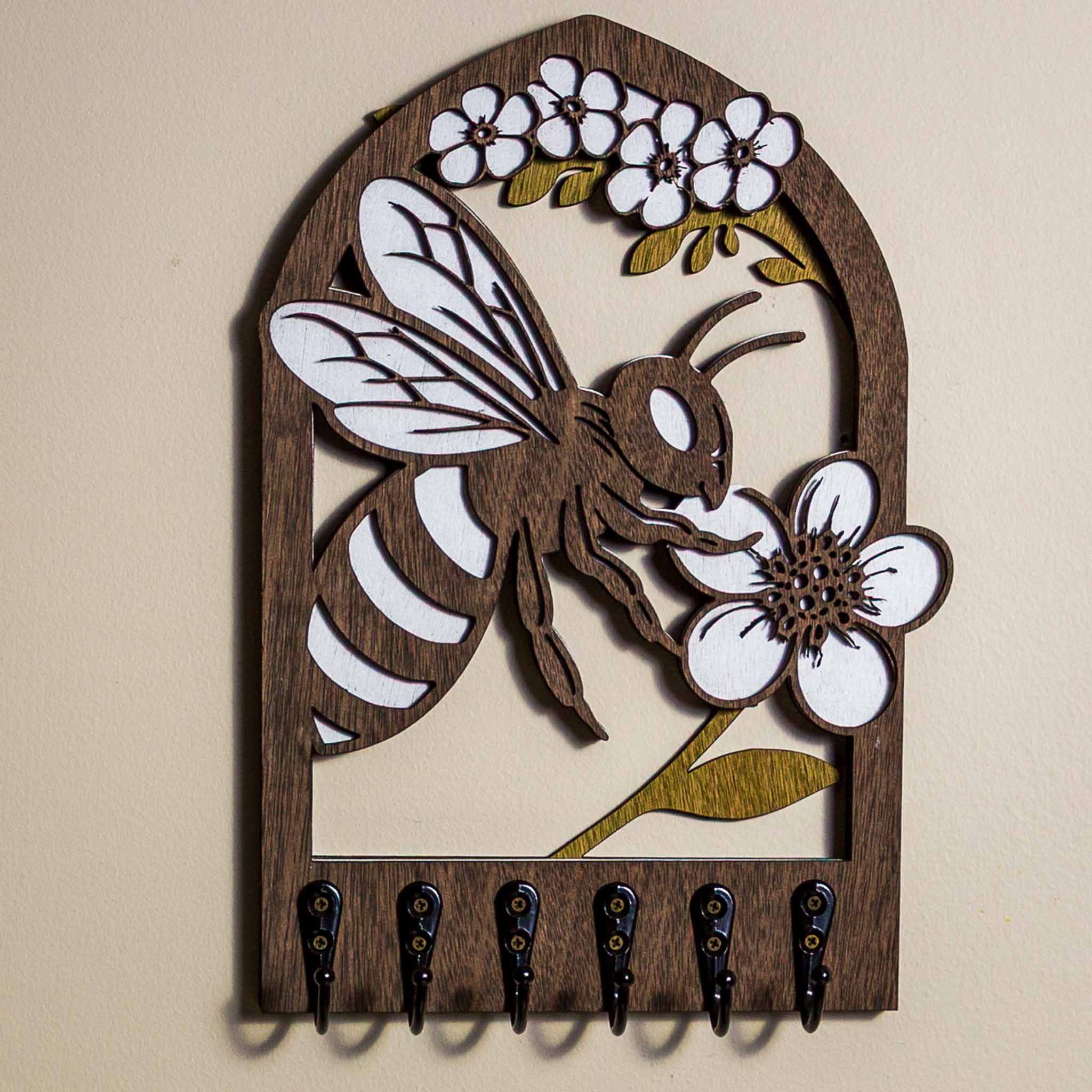Bee & Manuka Blossom Key Holder (Wall Art, 6 hooks) | Handmade NZ Timber | furnACE
