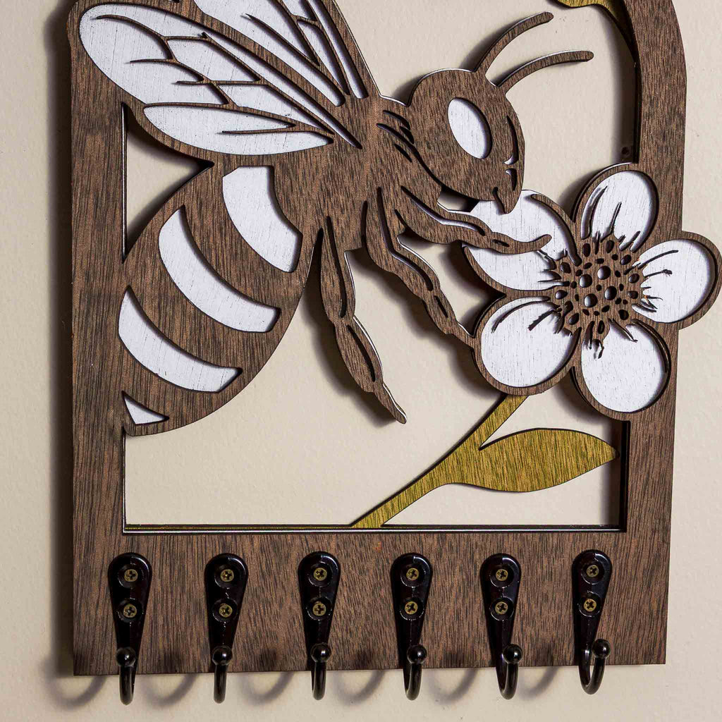 Bee & Manuka Blossom Key Holder (Wall Art, 6 hooks) | Handmade NZ Timber | furnACE