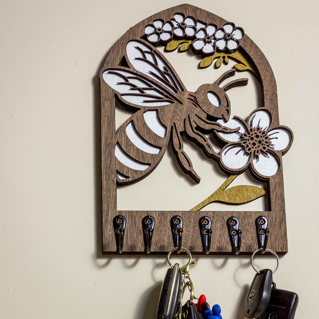 Bee & Manuka Blossom Key Holder (Wall Art, 6 hooks) | Handmade NZ Timber | furnACE