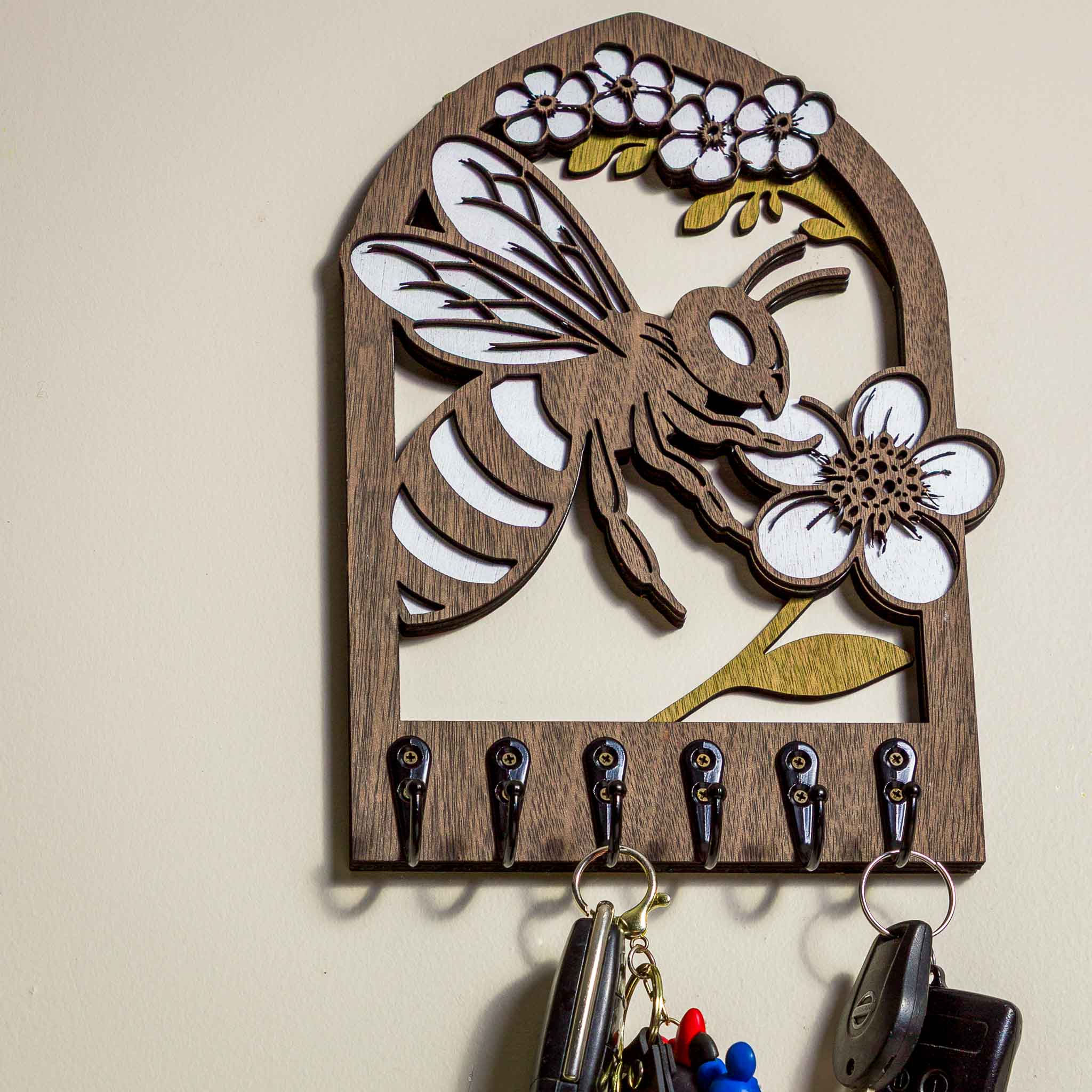 Bee & Manuka Blossom Key Holder (Wall Art, 6 hooks) | Handmade NZ Timber | furnACE