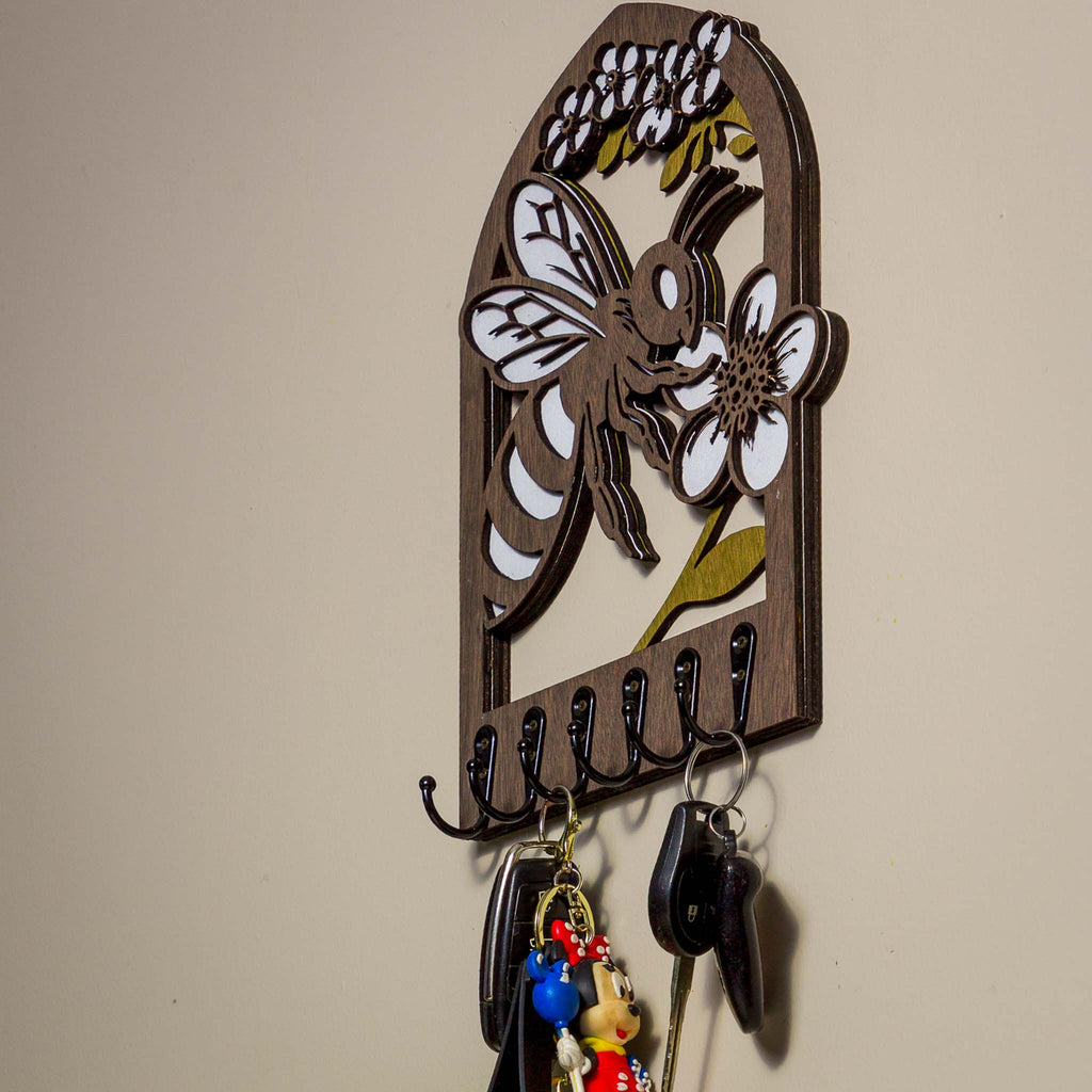 Bee & Manuka Blossom Key Holder (Wall Art, 6 hooks) | Handmade NZ Timber | furnACE