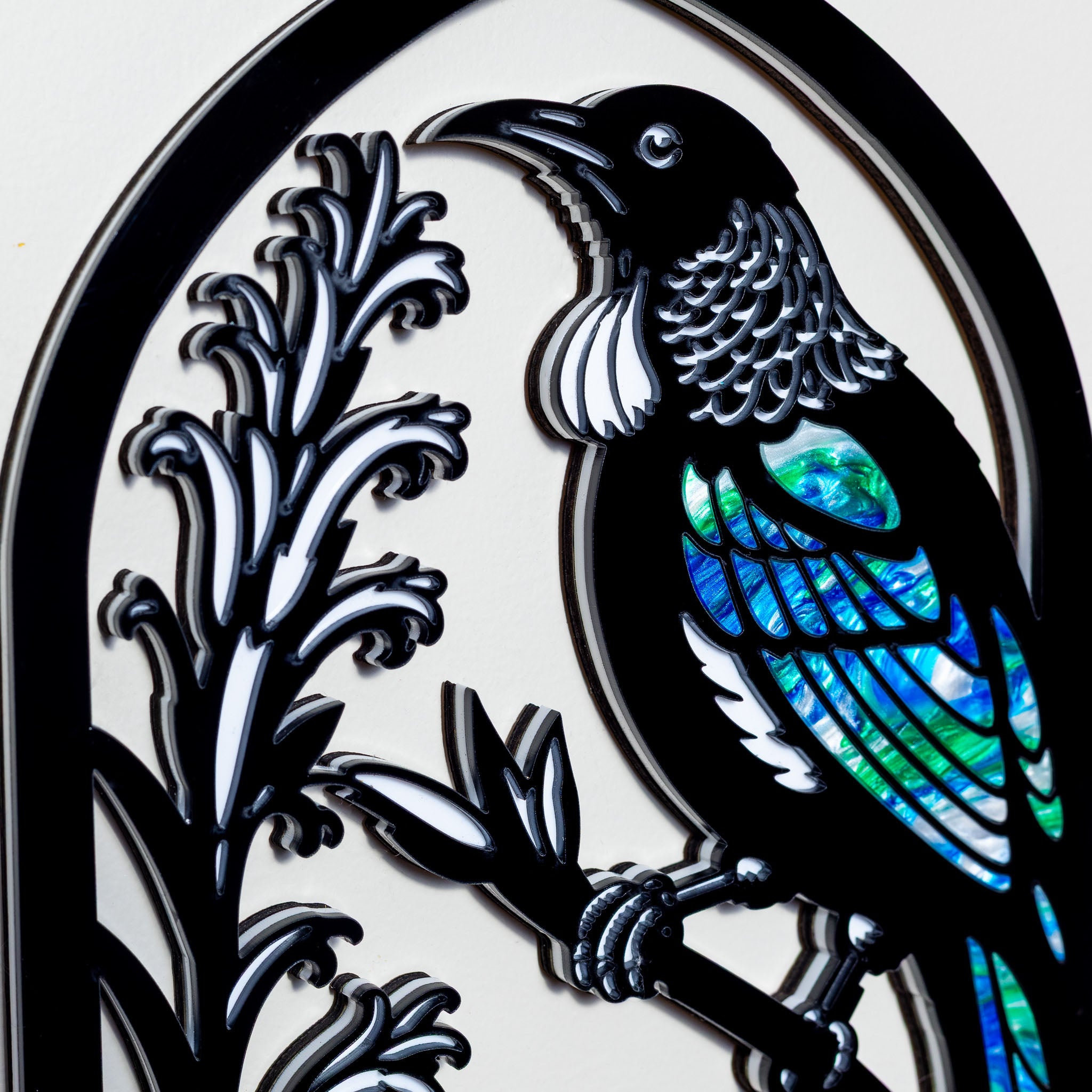 Tui in Pāua - Layered Wall Art Key Holder