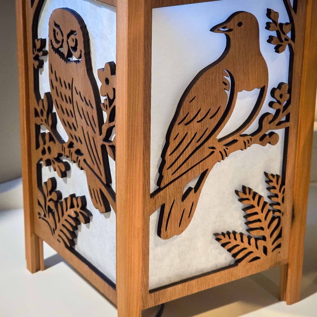 Shoji Lantern – Tall, Open Top (NZ Bird Panels, USB) | Handmade NZ Timber | furnACE