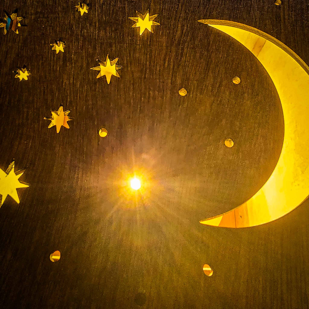 Shoji Lantern – Compact, Natural (Moon & Stars Ceiling Projector, USB) | Handmade NZ Timber | furnACE