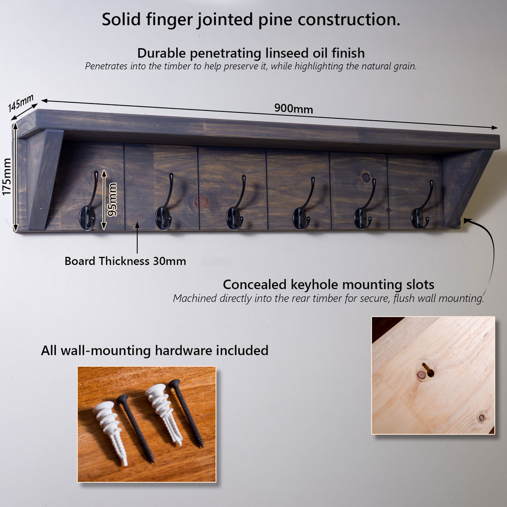 Rustic Wall Shelf & Coat Rack – 900 mm