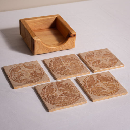 Birds of Aotearoa Coaster Set – Handmade NZ Macrocarpa Timber | Set of 5 + Holder