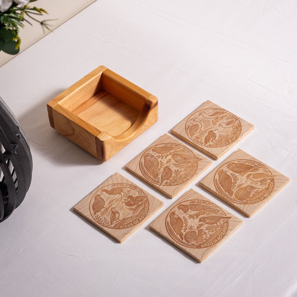 Birds of Aotearoa Coaster Set – Handmade NZ Macrocarpa Timber | Set of 5 + Holder
