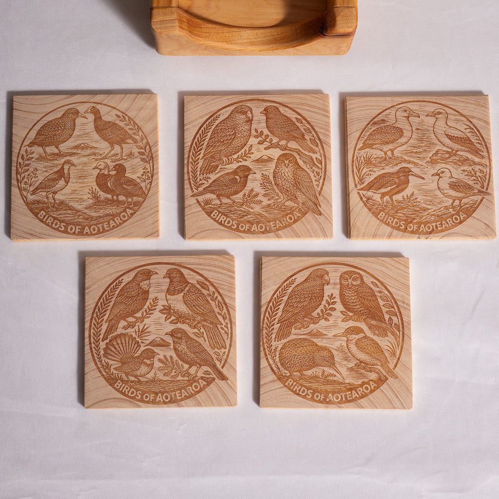 Birds of Aotearoa Coaster Set – Handmade NZ Macrocarpa Timber | Set of 5 + Holder