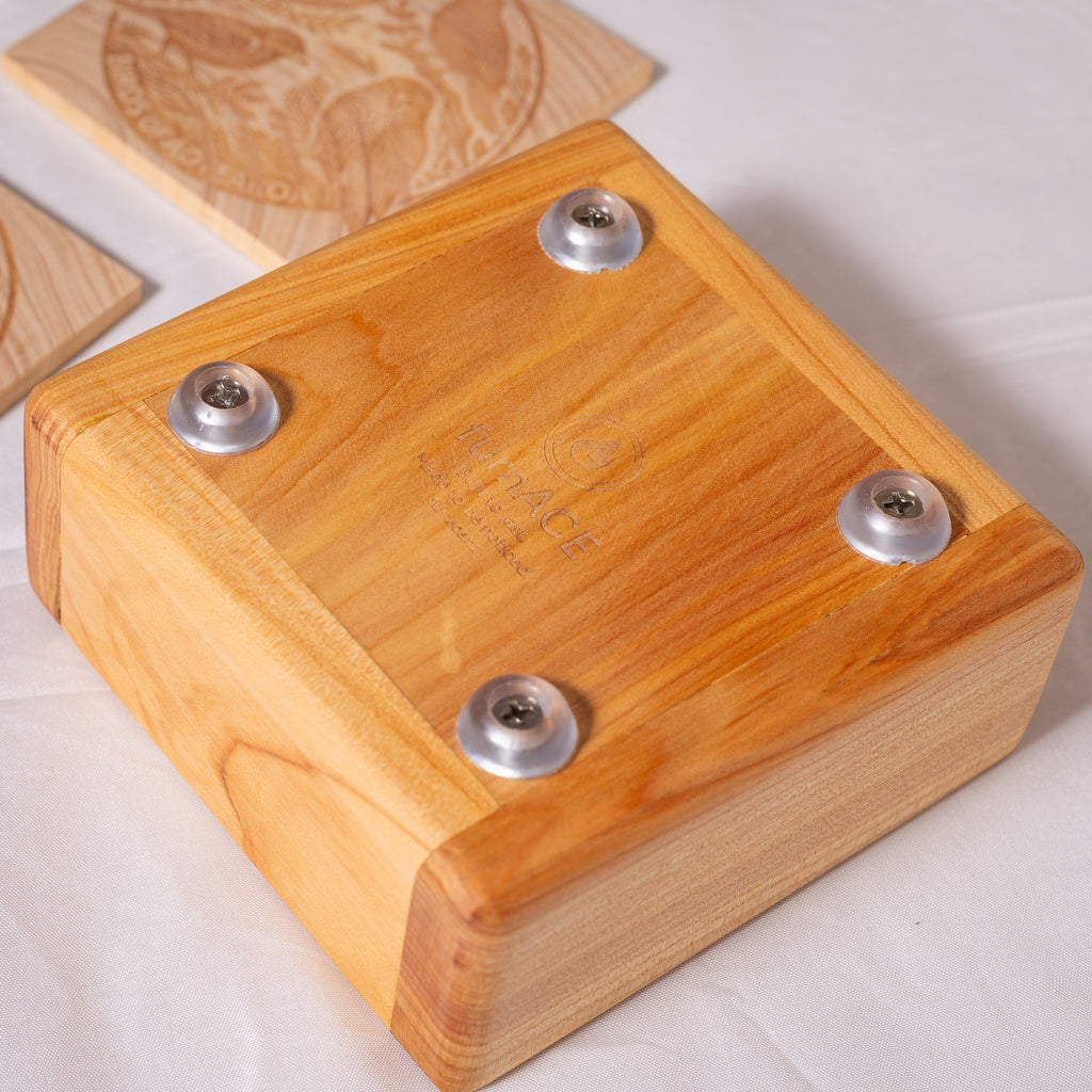 Birds of Aotearoa Coaster Set – Handmade NZ Macrocarpa Timber | Set of 5 + Holder