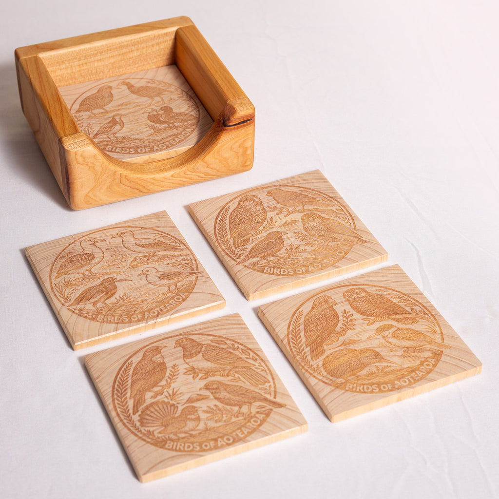 Birds of Aotearoa Coaster Set – Handmade NZ Macrocarpa Timber | Set of 5 + Holder