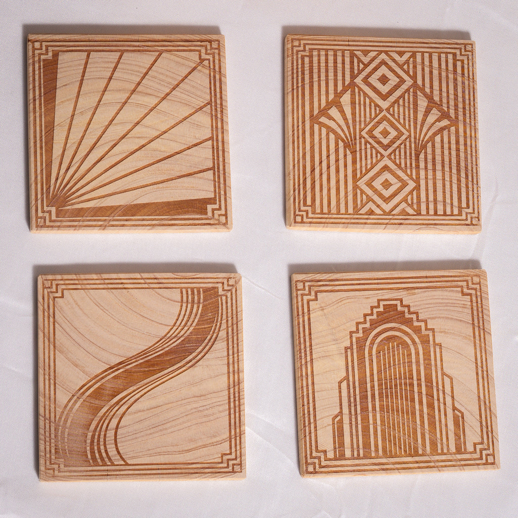 Neo Deco Coaster Set - NZ Macrocarpa | Set of 4 + Holder