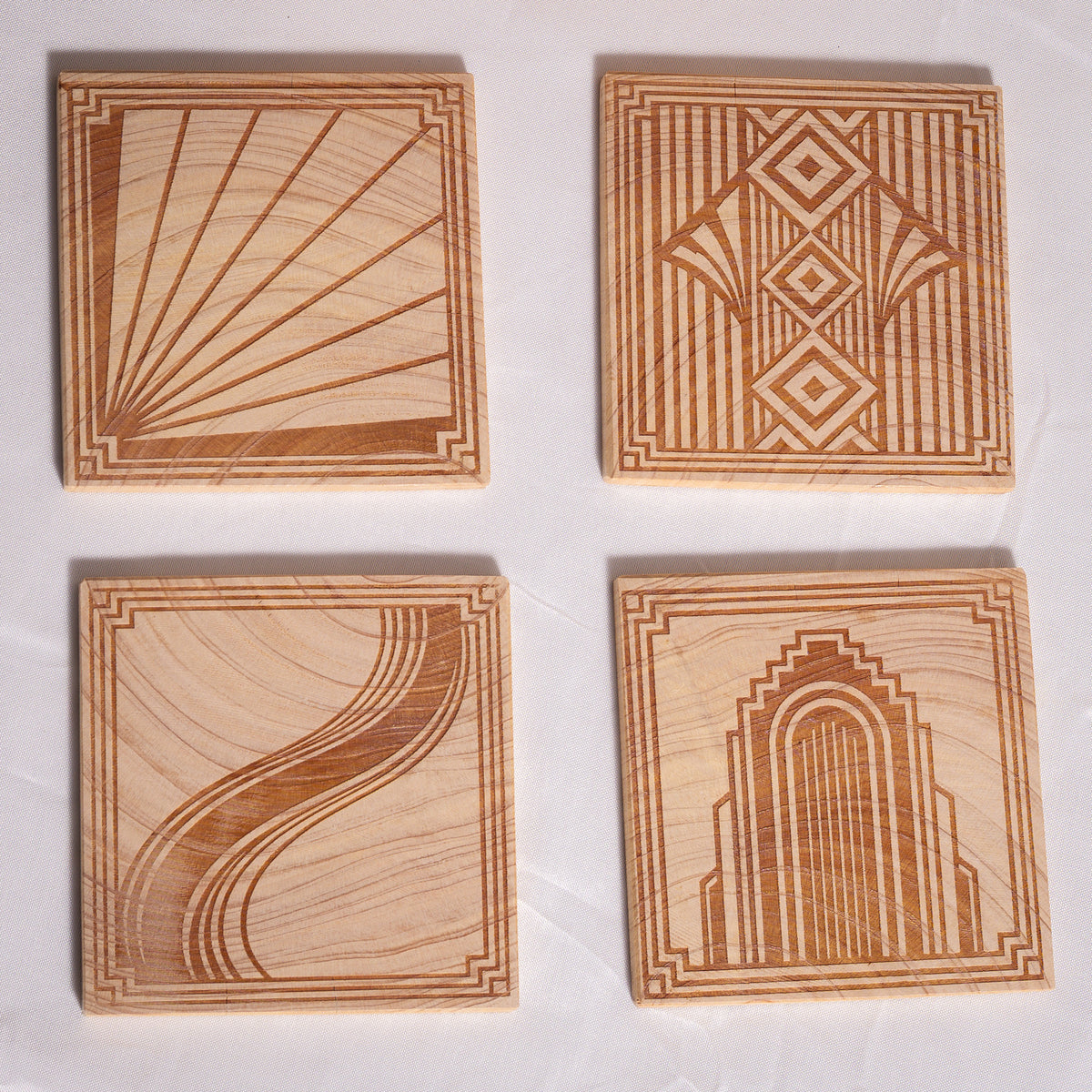 Neo Deco Coaster Set - NZ Macrocarpa | Set of 4 + Holder