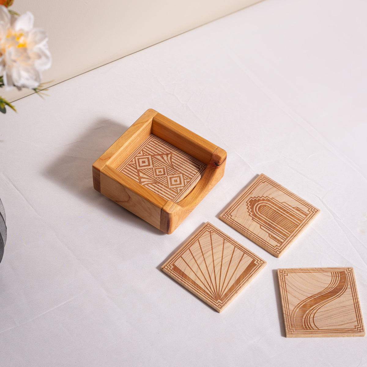 Neo Deco Coaster Set - NZ Macrocarpa | Set of 4 + Holder