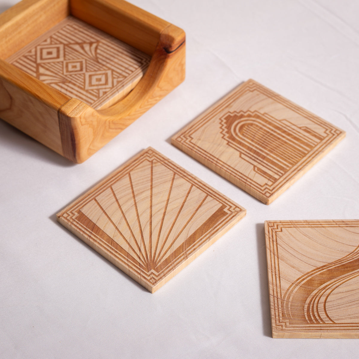 Neo Deco Coaster Set - NZ Macrocarpa | Set of 4 + Holder