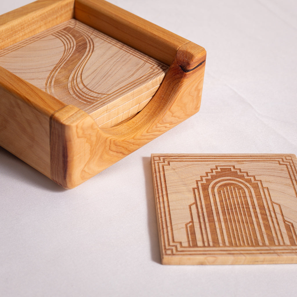 Neo Deco Coaster Set - NZ Macrocarpa | Set of 4 + Holder